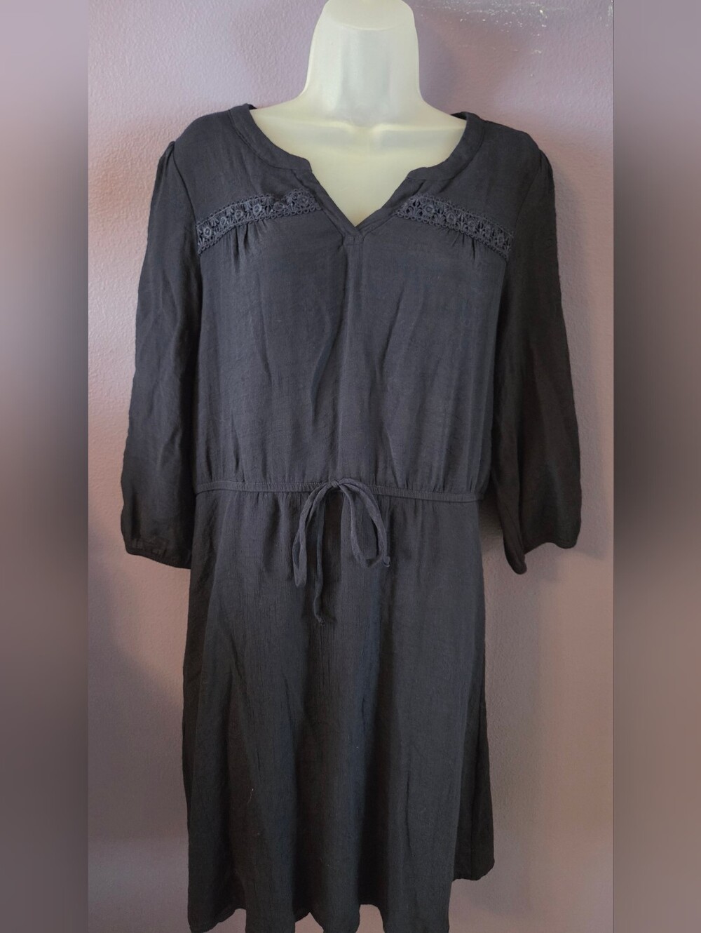 NAIF Navy Long-Sleeve Midi Dress with Drawstring Waist
